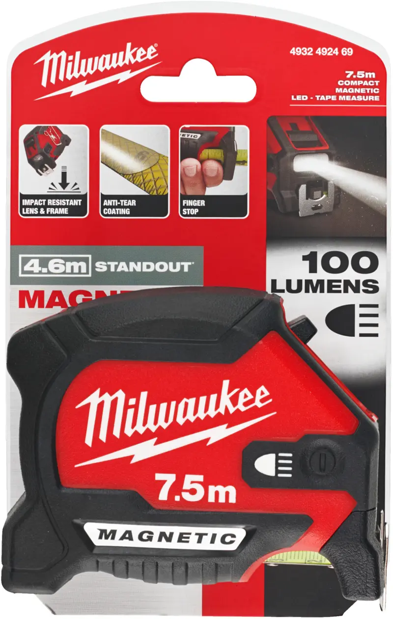Svinovací metr Milwaukee LED MAGNETIC 7.5M, délka 7,5 metru, 4932492469